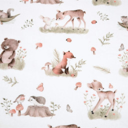 Tissu coton Roury motif anumaux de la foret taupe fond blanc - Oeko tex