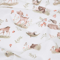Tissu coton Roury motif animaux de la foret taupe fond blanc - OEKO TEX