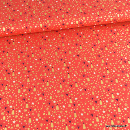 Tissu de Noël motif sapins, coeurs et étoiles or fond rouge - Oeko tex