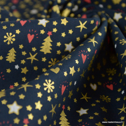 Tissu de Noël motif sapins, coeurs et étoiles or fond bleu marine - Oeko tex