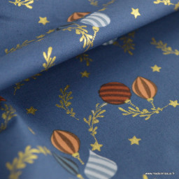 Tissu de Noël motif boules et branches fond bleu - Oeko tex