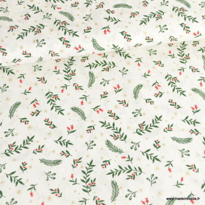 Tissu de Noël motif branches de houx fond blanc cassé - Oeko tex