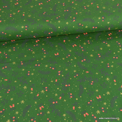 Tissu de Noël motif branches de houx fond vert - Oeko tex