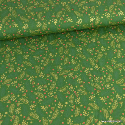 Tissu de Noël motif branches de sapins et fleurs or fond vert - Oeko tex