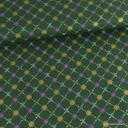 Tissu de Noël Atis motif graphique sapins et étoiles or fond vert - Oeko tex