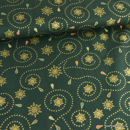Tissu de Noël motif guirlande et étoiles fond vert - Oeko tex