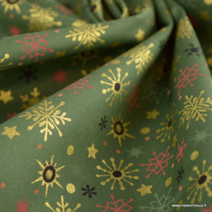 Tissu de Noël motif flocons de neige fond vert - Oeko tex