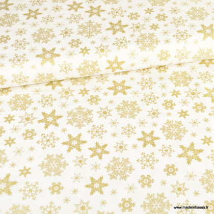 Tissu de Noël motif étoiles de neiges or fond blanc cassé - Oeko tex