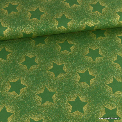 Tissu de Noël motif foret de étoiles or fond vert - Oeko tex