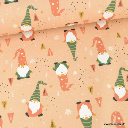 Tissu coton Gnome motifs lutins de Noël fond Skin - Oeko tex