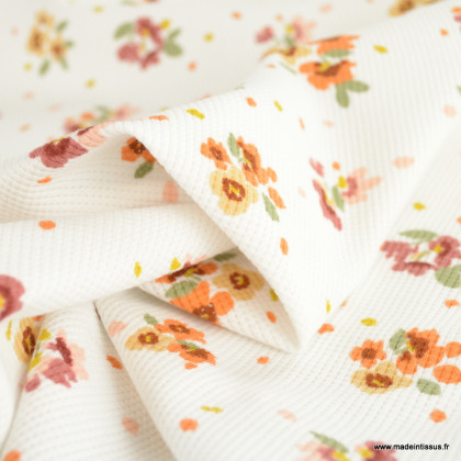 Tissu jersey nid d'abeille motifs fleurs fond blanc cassé - oeko tex