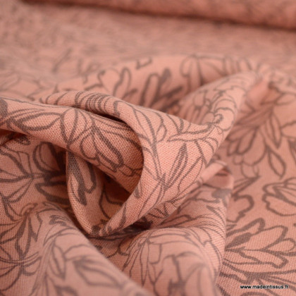 Tissu lin viscose motif fleurs fond blush
