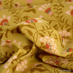 Tissu demi natté coton type bachette motif fleurs fond ocre - oeko tex
