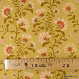 Tissu demi natté coton type bachette motif fleurs fond ocre - oeko tex