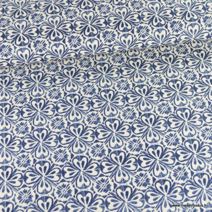 Tissu demi natté coton type bachette Stamp bleu - oeko tex