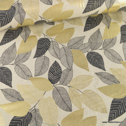 Tissu toile Folior motif feuilles doré et noires fond écru