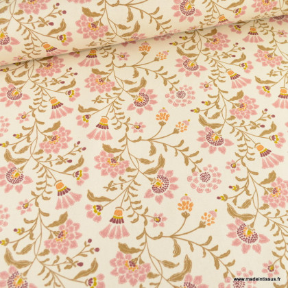 Tissu demi natté coton type bachette motif fleurs fond écru - oeko tex