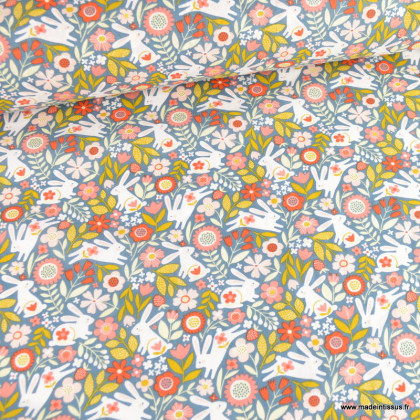 Tissu cretonne coton Galipette motifs fleurs et lapins