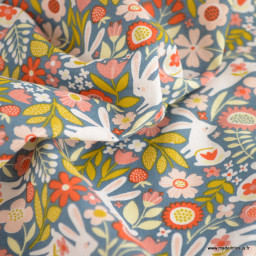 Tissu cretonne coton Galipette motifs fleurs et lapins