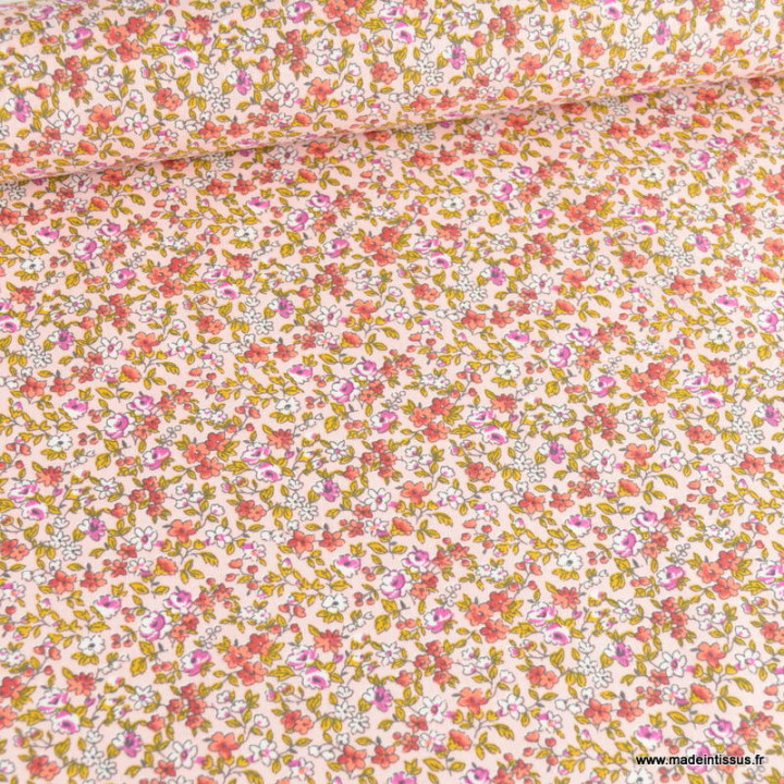 Tissu coton motifs fleurs Léonie Rose et ocre - Oeko tex
