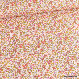 Tissu coton motifs fleurs Léonie Rose et ocre - Oeko tex