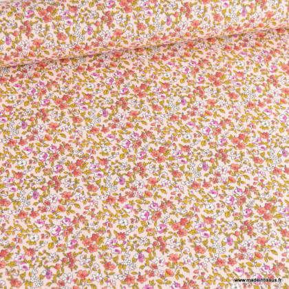 Tissu coton motifs fleurs Léonie Rose et ocre - Oeko tex