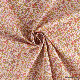 Tissu coton motifs fleurs Léonie Rose et ocre - OEKO TEX
