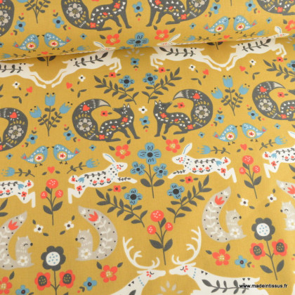 Tissu cretonne coton Graciane motifs animaux fond ocre - oeko tex