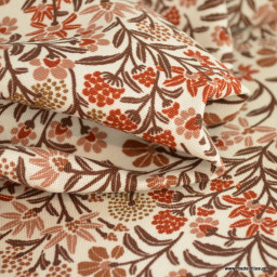 Tissu demi natté coton type bachette motif fleurs marsala fond blanc cassé - oeko tex