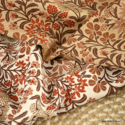 Tissu demi natté coton type bachette motif fleurs marsala fond blanc cassé - oeko tex