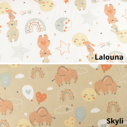 Tissu Lalouna motifs animaux, lunes et arc en ciel - Oeko tex