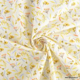 Tissu coton Zuzana fleurs jaune acidulé fond blanc - oeko tex