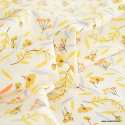 Tissu coton Zuzana fleurs jaune acidulé fond blanc - oeko tex