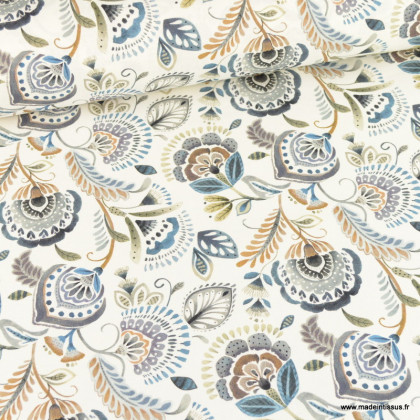 Tissu demi natté coton type bachette motif fleurs Paisely bleu et blanc - oeko tex
