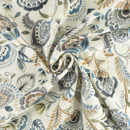 Tissu demi natté coton type bachette motif fleurs Paisely bleu et blanc - oeko tex