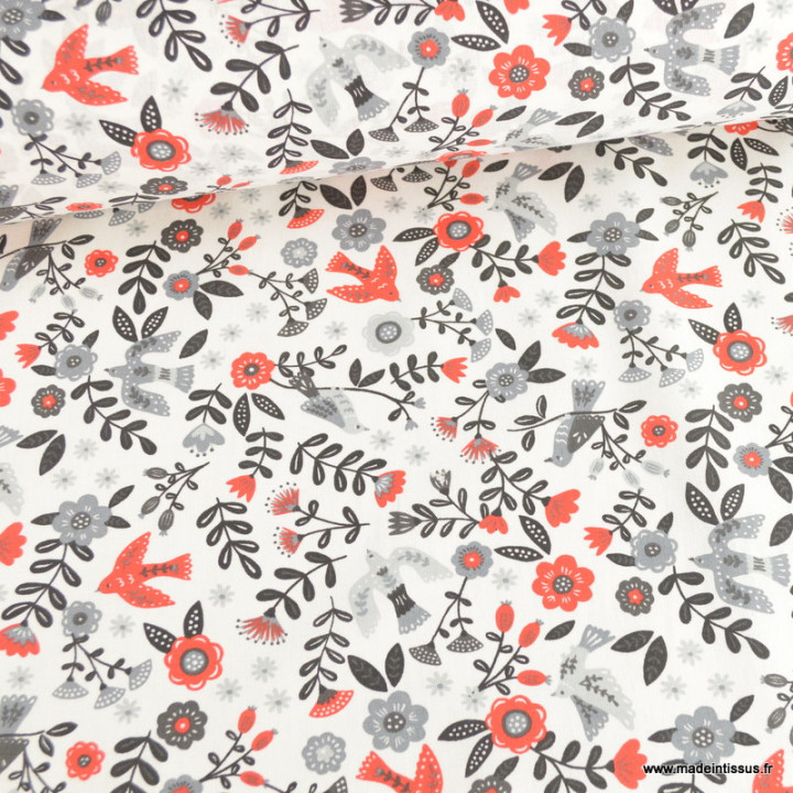 Tissu coton Bohème motifs fleurs et oiseaux rouge et noir fond blanc - Oeko tex
