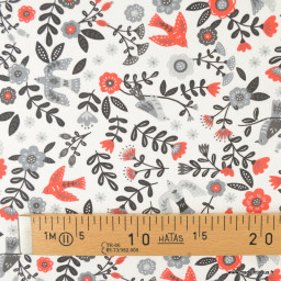 Tissu coton Bohème motifs fleurs et oiseaux rouge et noir fond blanc - Oeko tex