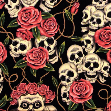 1 coupon de 25 cm  Tissu Popeline coton imprimé têtes de morts "The rose Tatoo" Alexander Henry