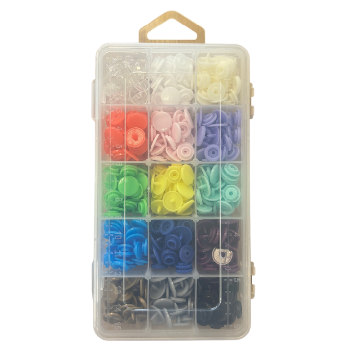 Boite de boutons pression plastique sans pince - 15 coloris