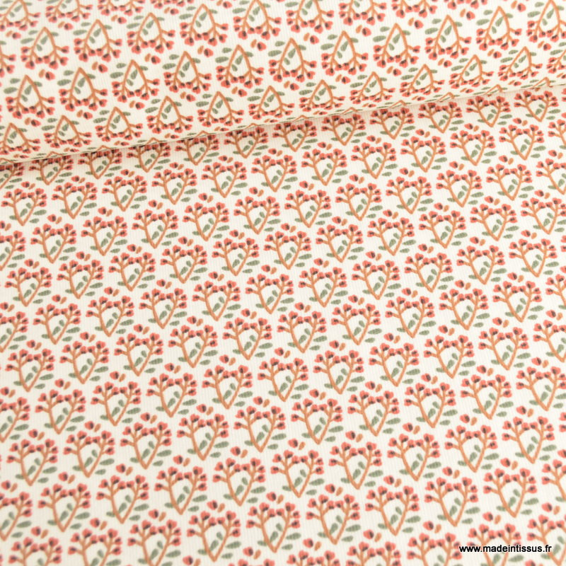 Coupon Tissu Mousseline Polyester – Fond Rouge, Fleurs Beige/écru, 5 Pièces