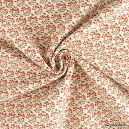 Tissu velours milleraies Tinu motif fleurs écru et brique - oeko tex