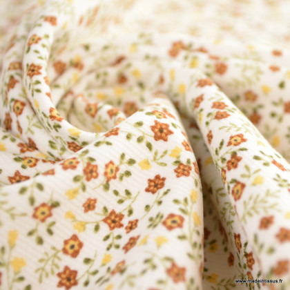 Tissu velours milleraies Sulya motif fleurs blanc et tofee - oeko tex