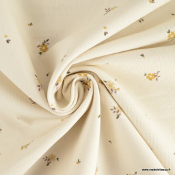 Tissu velours milleraies Madene motif fleurs lin et ocre - oeko tex
