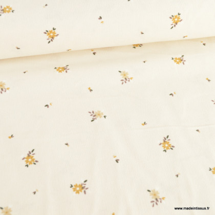 Tissu velours milleraies Madene motif fleurs lin et ocre - oeko tex