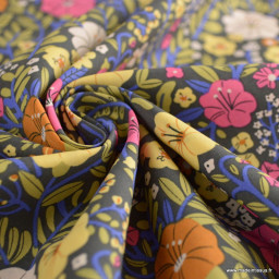 Popeline Blossom motif fleurs fond noir -  OEKO TEX