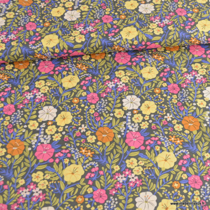 Popeline Blossom motif fleurs fond noir -  oeko tex