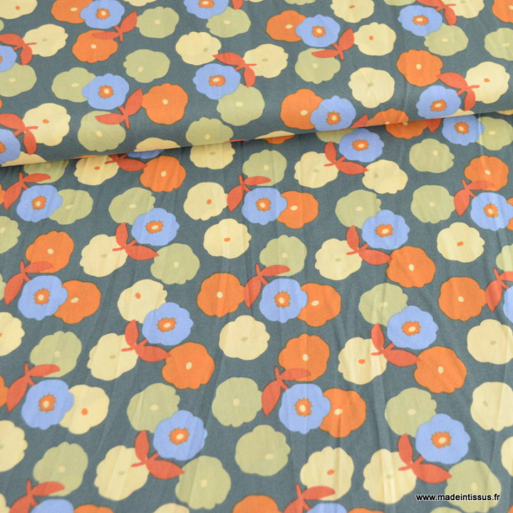 Popeline Pinchi motif fleurs fond thym - oeko tex