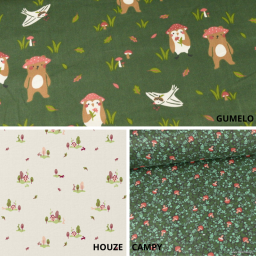 Tissu cretonne coton Gumelo motif oursons et champignons fond vert foret  -  oeko tex
