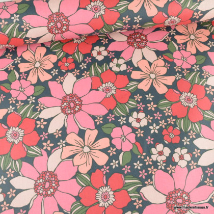 Tissu coton Enduit Sunflower motifs fleurs rose fond bleu marine