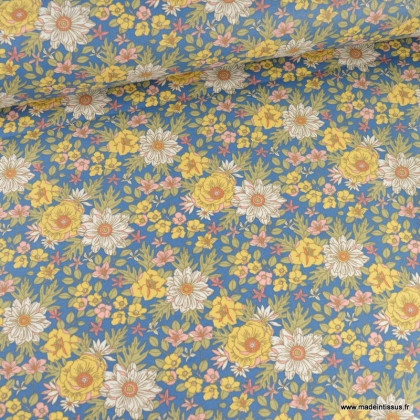Tissu coton Enduit Lolita motifs fleurs fond marine